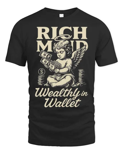Rich Mind Wealthy Wallet Vintage Money Angel Graphic Tshirt - black t-shirt on white background