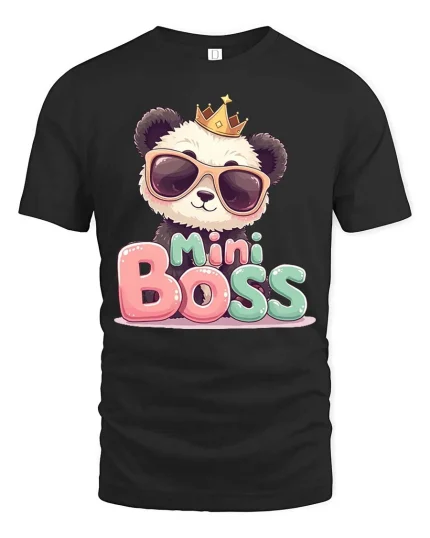 Mini Boss Panda Cute Leader Funny Cartoon Graphic Tshirt - black t-shirt on white background