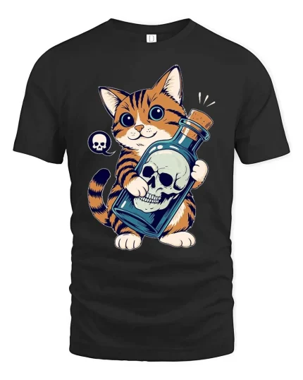 Cute Mischief Cat Skull Potion Gothic Funny Graphic Tshirt - black t-shirt on white background
