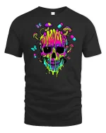 Psychedelic Neon Skull Mushroom Trippy Graphic Art Tshirt - black t-shirt on white background