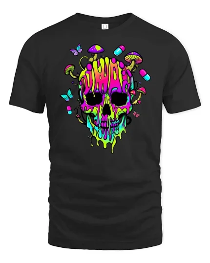 Psychedelic Neon Skull Mushroom Trippy Graphic Art Tshirt - black t-shirt on white background