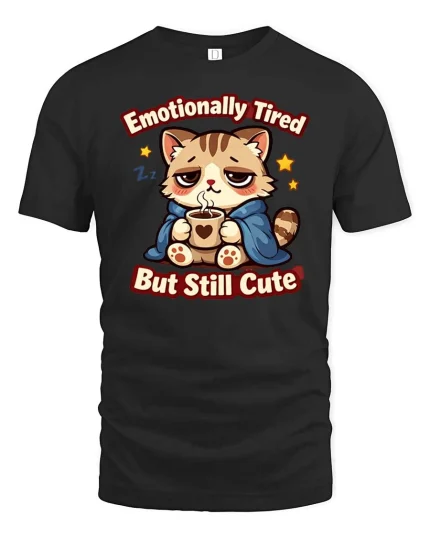 Emotionally Tired But Still Cute Funny Cat Coffee Graphic Tshirt - black t-shirt on white background