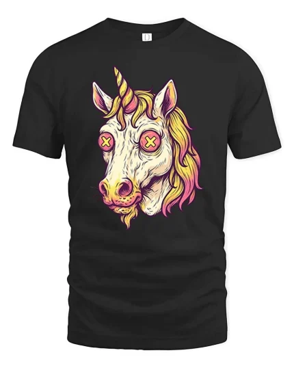 Trippy Unicorn Head Psychedelic Fantasy Graphic Art Tshirt - black t-shirt on white background