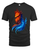 Fire Ice Fox Elemental Fantasy Colorful Graphic Art Tshirt - black t-shirt on white background
