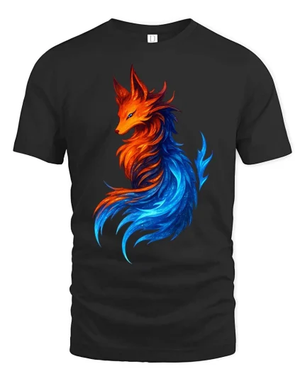 Fire Ice Fox Elemental Fantasy Colorful Graphic Art Tshirt - black t-shirt on white background