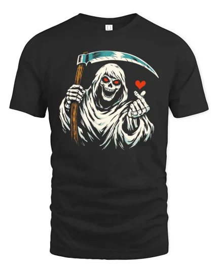 Funny Grim Reaper Love Finger Gothic Humor Graphic Tshirt - black t-shirt on white background