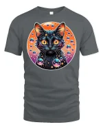 Cosmic Neon Black Cat Bubble Galaxy Graphic Art Tshirt - gray t-shirt on white background