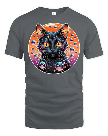 Cosmic Neon Black Cat Bubble Galaxy Graphic Art Tshirt - gray t-shirt on white background