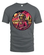 Retro Space Skull Astronaut Cosmic Galaxy Graphic Art Tshirt - gray t-shirt on white background