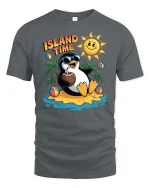 Island Time Penguin Summer Vacation Funny Graphic Tshirt - gray t-shirt on white background