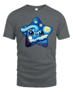 Cute Starry Night Kawaii Art Happy Star Graphic Tshirt - gray t-shirt on white background