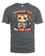 Emotionally Tired But Still Cute Funny Cat Coffee Graphic Tshirt - gray t-shirt on white background