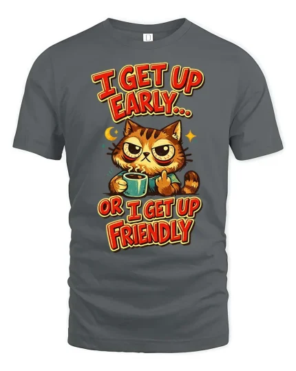 Funny Grumpy Cat Coffee I Get Up Early Humor Graphic Tshirt - gray t-shirt on white background
