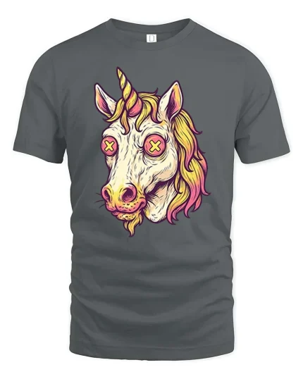 Trippy Unicorn Head Psychedelic Fantasy Graphic Art Tshirt - gray t-shirt on white background