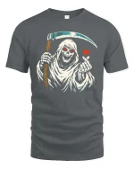 Funny Grim Reaper Love Finger Gothic Humor Graphic Tshirt - gray t-shirt on white background