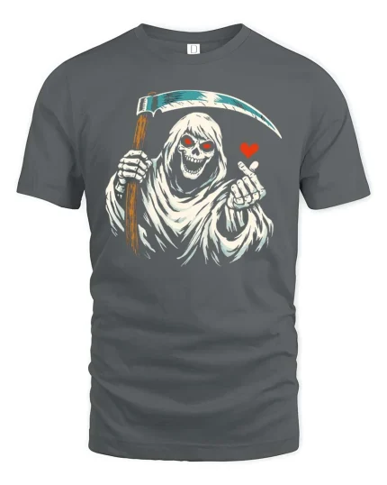 Funny Grim Reaper Love Finger Gothic Humor Graphic Tshirt - gray t-shirt on white background