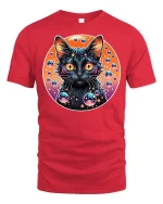 Cosmic Neon Black Cat Bubble Galaxy Graphic Art Tshirt - red t-shirt on white background