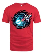 Rocket Into Black Hole Space Travel Sci Fi Graphic Tshirt - red t-shirt on white background
