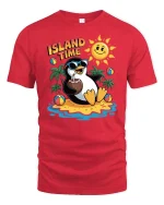 Island Time Penguin Summer Vacation Funny Graphic Tshirt - red t-shirt on white background