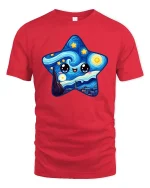 Cute Starry Night Kawaii Art Happy Star Graphic Tshirt - red t-shirt on white background