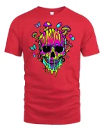 Psychedelic Neon Skull Mushroom Trippy Graphic Art Tshirt - red t-shirt on white background