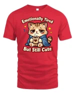 Emotionally Tired But Still Cute Funny Cat Coffee Graphic Tshirt - red t-shirt on white background