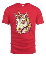 Trippy Unicorn Head Psychedelic Fantasy Graphic Art Tshirt - red t-shirt on white background