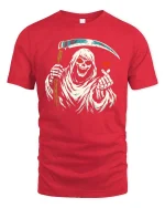 Funny Grim Reaper Love Finger Gothic Humor Graphic Tshirt - red t-shirt on white background