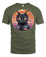 Cosmic Neon Black Cat Bubble Galaxy Graphic Art Tshirt - military green t-shirt on white background