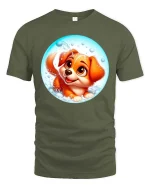 Cute Puppy Bubble Bath Cartoon Adorable Dog Graphic Tshirt - military green t-shirt on white background
