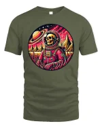 Retro Space Skull Astronaut Cosmic Galaxy Graphic Art Tshirt - military green t-shirt on white background