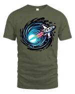 Rocket Into Black Hole Space Travel Sci Fi Graphic Tshirt - military green t-shirt on white background