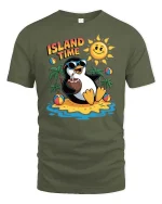 Island Time Penguin Summer Vacation Funny Graphic Tshirt - military green t-shirt on white background