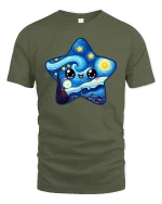 Cute Starry Night Kawaii Art Happy Star Graphic Tshirt - military green t-shirt on white background