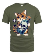 Cute Mischief Cat Skull Potion Gothic Funny Graphic Tshirt - military green t-shirt on white background