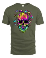 Psychedelic Neon Skull Mushroom Trippy Graphic Art Tshirt - military green t-shirt on white background