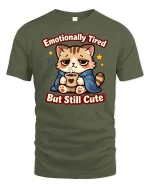 Emotionally Tired But Still Cute Funny Cat Coffee Graphic Tshirt - military green t-shirt on white background