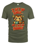 Funny Grumpy Cat Coffee I Get Up Early Humor Graphic Tshirt - military green t-shirt on white background