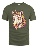 Trippy Unicorn Head Psychedelic Fantasy Graphic Art Tshirt - military green t-shirt on white background