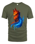 Fire Ice Fox Elemental Fantasy Colorful Graphic Art Tshirt - military green t-shirt on white background