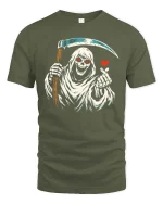 Funny Grim Reaper Love Finger Gothic Humor Graphic Tshirt - military green t-shirt on white background
