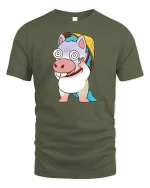 Funny Dizzy Unicorn Cartoon Cute Kawaii Humor Graphic Tshirt - military green t-shirt on white background