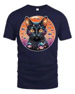 Cosmic Neon Black Cat Bubble Galaxy Graphic Art Tshirt - navy t-shirt on white background