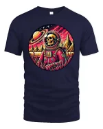 Retro Space Skull Astronaut Cosmic Galaxy Graphic Art Tshirt - navy t-shirt on white background