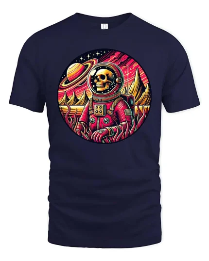 Retro Space Skull Astronaut Cosmic Galaxy Graphic Art Tshirt - navy t-shirt on white background