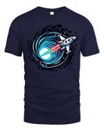 Rocket Into Black Hole Space Travel Sci Fi Graphic Tshirt - navy t-shirt on white background
