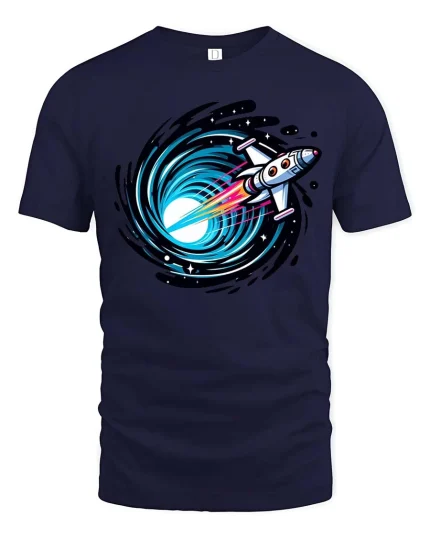 Rocket Into Black Hole Space Travel Sci Fi Graphic Tshirt - navy t-shirt on white background