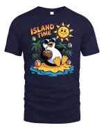 Island Time Penguin Summer Vacation Funny Graphic Tshirt - navy t-shirt on white background