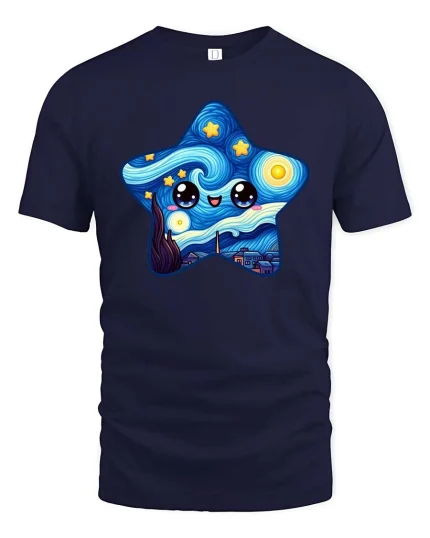 Cute Starry Night Kawaii Art Happy Star Graphic Tshirt - navy t-shirt on white background