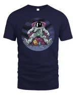 Lazy Astronaut Chill Space Humor Cartoon Graphic Tshirt - navy t-shirt on white background